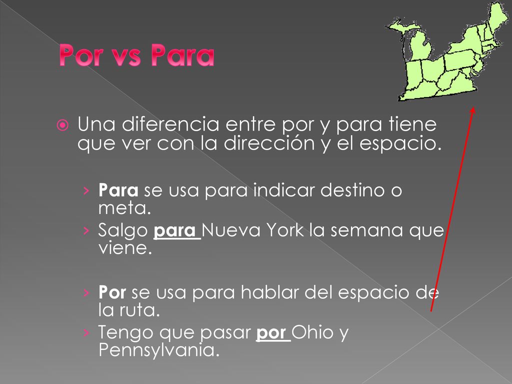 Por vs Para Una diferencia entre por y para tiene que ver con la dirección y el espacio. Para se usa para indicar destino o meta.