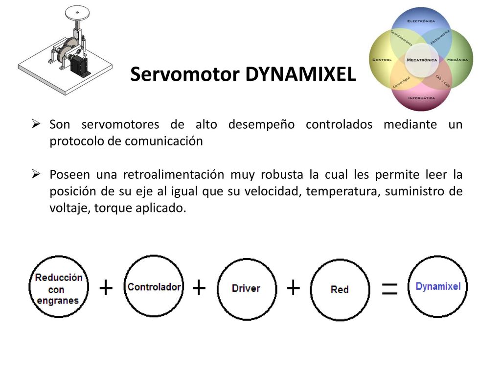 Servomotor DYNAMIXEL Son servomotores de alto desempeño controlados mediante un protocolo de comunicación.