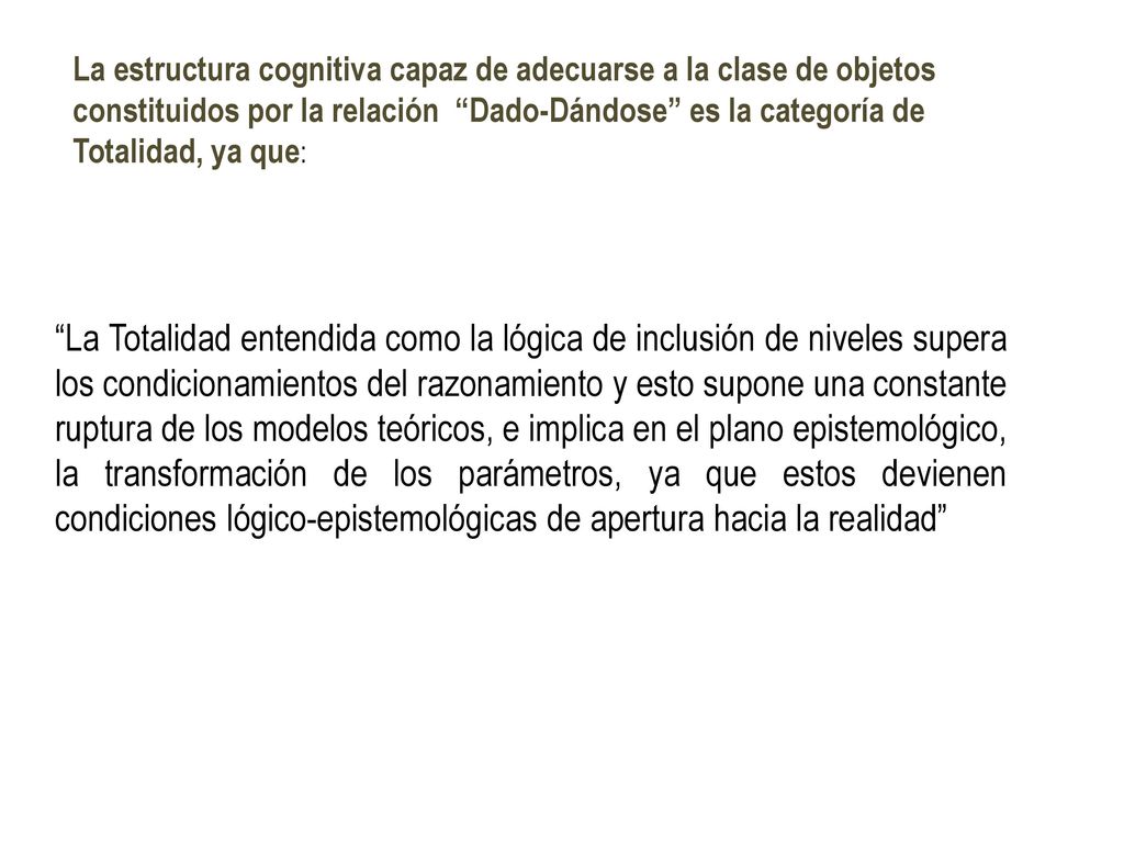 La estructura cognitiva capaz de adecuarse a la clase de objetos constituidos por la relación Dado-Dándose es la categoría de Totalidad, ya que: