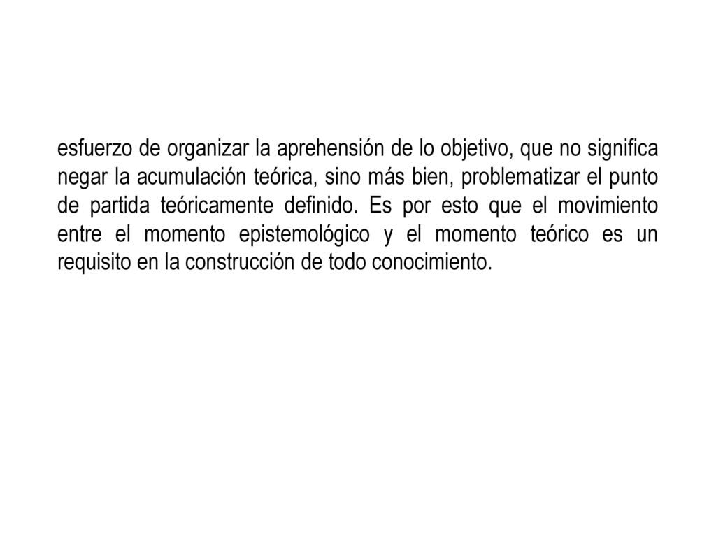 esfuerzo de organizar la aprehensión de lo objetivo, que no significa negar la acumulación teórica, sino más bien, problematizar el punto de partida teóricamente definido.