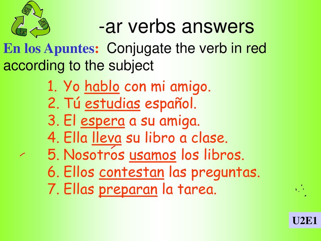 -ar verbs answers En los Apuntes: Conjugate the verb in red according to the subject. Yo hablo con mi amigo.