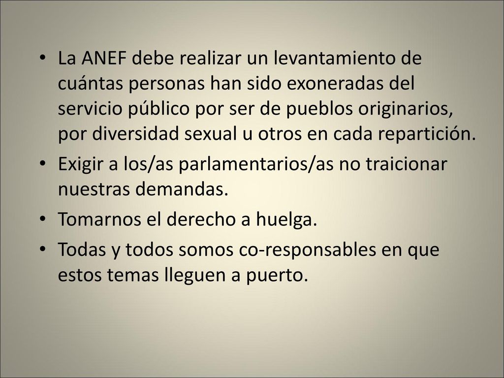 La ANEF debe realizar un levantamiento de cuántas personas han sido exoneradas del servicio público por ser de pueblos originarios, por diversidad sexual u otros en cada repartición.