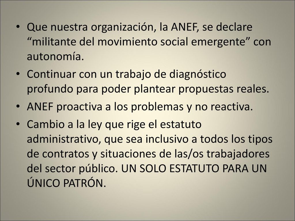 Que nuestra organización, la ANEF, se declare militante del movimiento social emergente con autonomía.