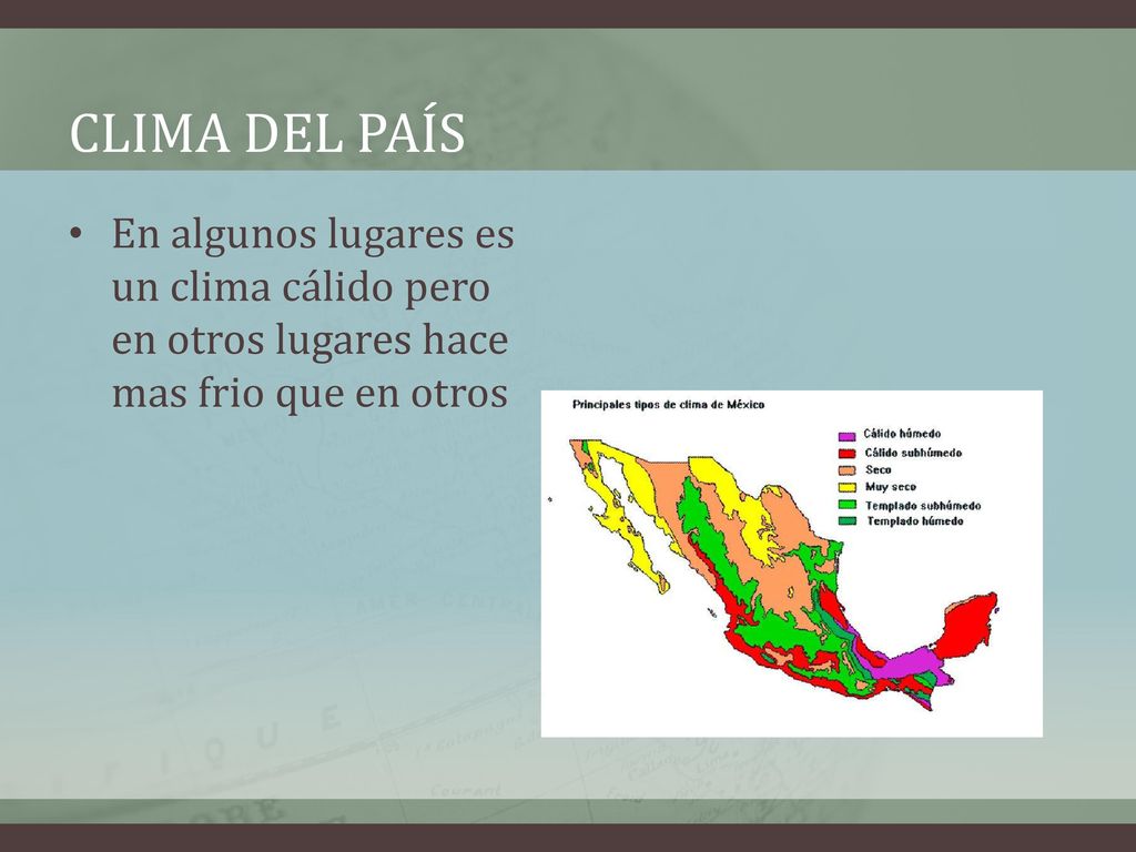 Clima del país En algunos lugares es un clima cálido pero en otros lugares hace mas frio que en otros.