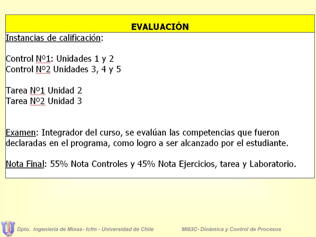 Dpto. Ingeniería de Minas- fcfm - Universidad de Chile MI63C- Dinámica y Control de Procesos