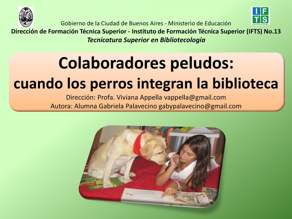 Gobierno de la Ciudad de Buenos Aires - Ministerio de Educación Dirección de Formación Técnica Superior - Instituto de Formación Técnica Superior (IFTS) No.13 Tecnicatura Superior en Bibliotecología Colaboradores peludos: cuando los perros integran la biblioteca Dirección: Profa.