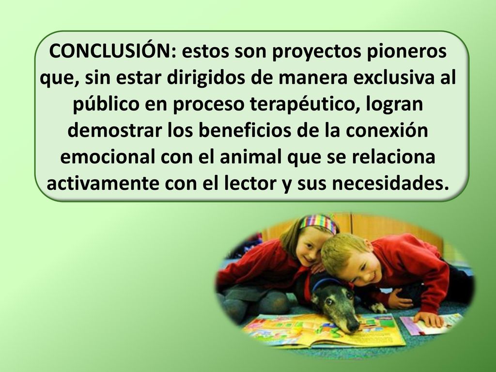 CONCLUSIÓN: estos son proyectos pioneros que, sin estar dirigidos de manera exclusiva al público en proceso terapéutico, logran demostrar los beneficios de la conexión emocional con el animal que se relaciona activamente con el lector y sus necesidades.