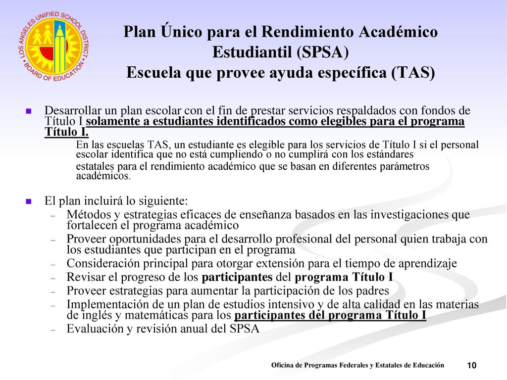 Plan Único para el Rendimiento Académico Estudiantil (SPSA) Escuela que provee ayuda específica (TAS)