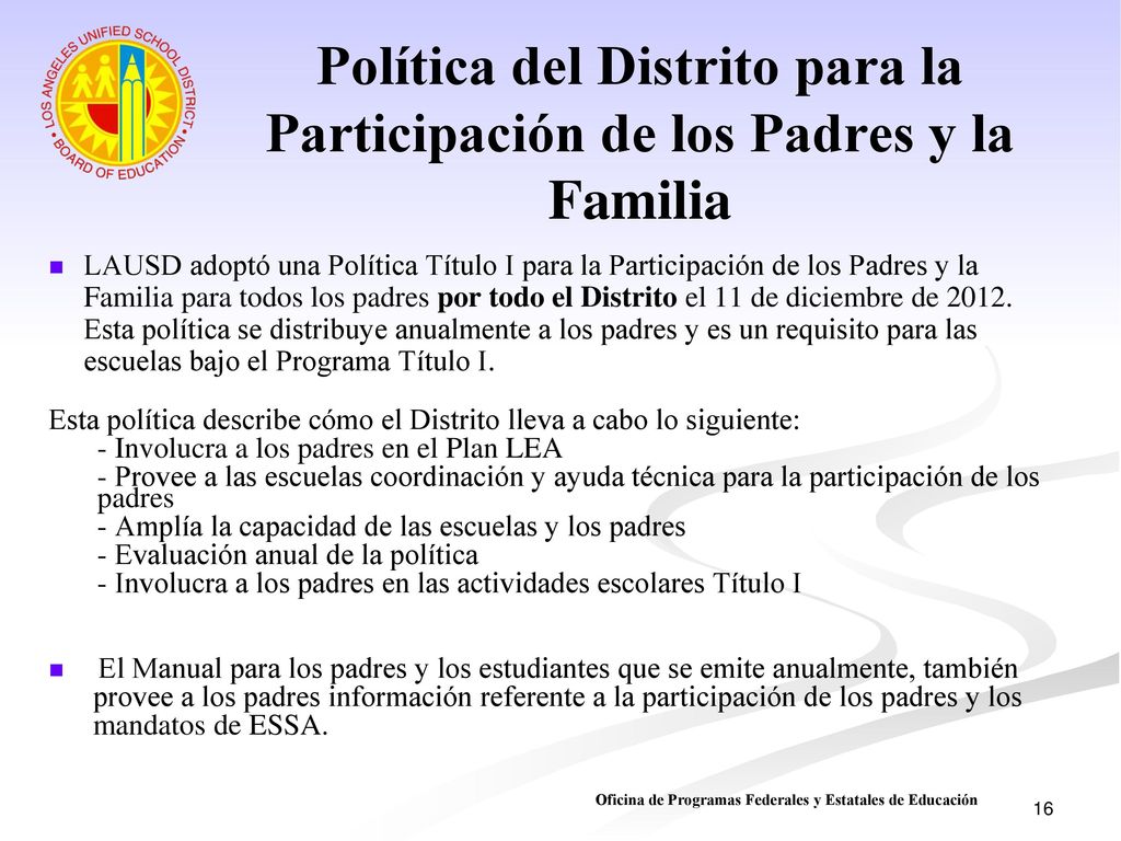 Política del Distrito para la Participación de los Padres y la Familia