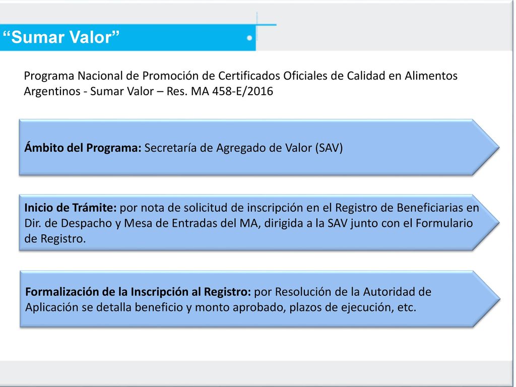 Sumar Valor Programa Nacional de Promoción de Certificados Oficiales de Calidad en Alimentos Argentinos - Sumar Valor – Res. MA 458-E/2016.