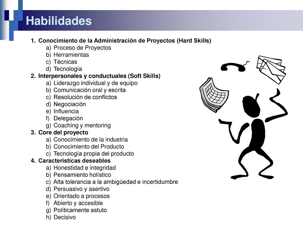 Habilidades Conocimiento de la Administración de Proyectos (Hard Skills) Proceso de Proyectos. Herramientas.