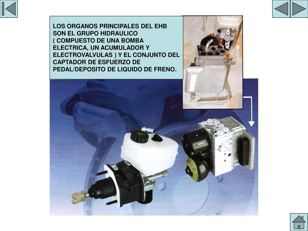 LOS ORGANOS PRINCIPALES DEL EHB SON EL GRUPO HIDRAULICO ( COMPUESTO DE UNA BOMBA ELECTRICA, UN ACUMULADOR Y ELECTROVALVULAS ) Y EL CONJUNTO DEL CAPTADOR DE ESFUERZO DE PEDAL/DEPOSITO DE LIQUIDO DE FRENO.