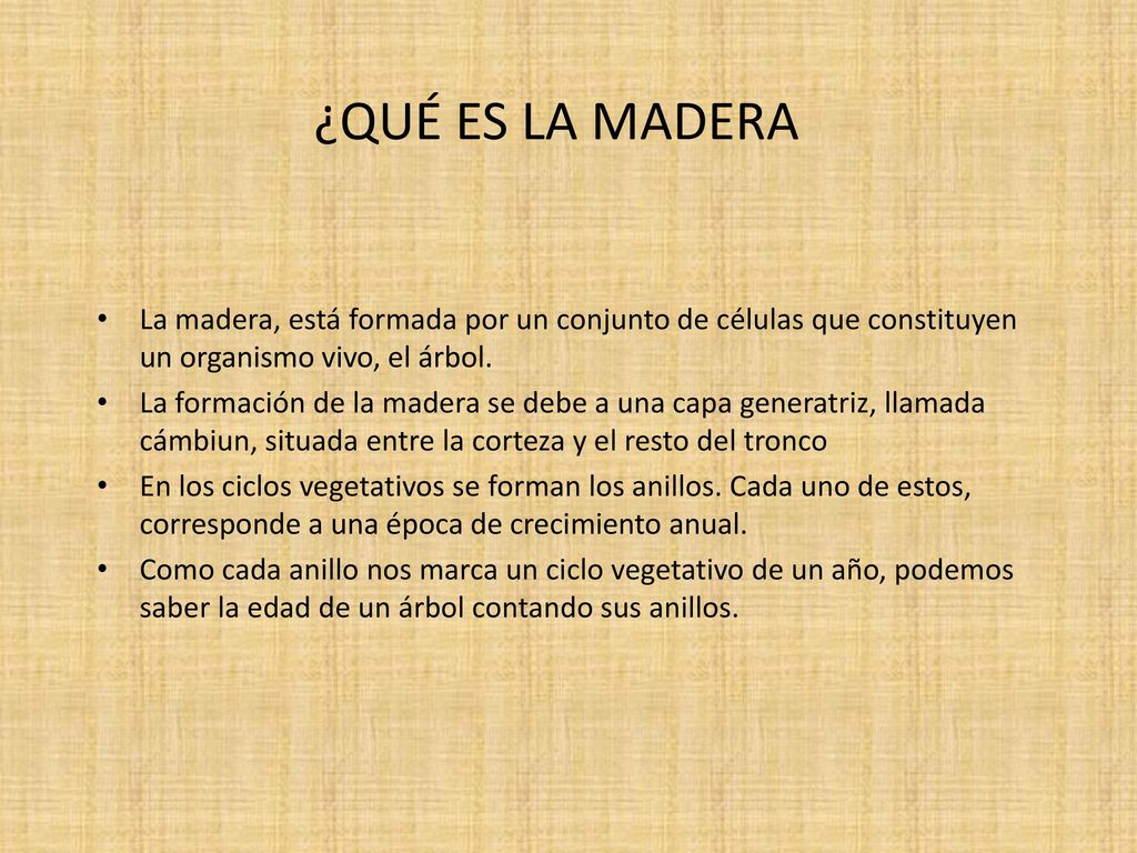 ¿QUÉ ES LA MADERA La madera, está formada por un conjunto de células que constituyen un organismo vivo, el árbol.