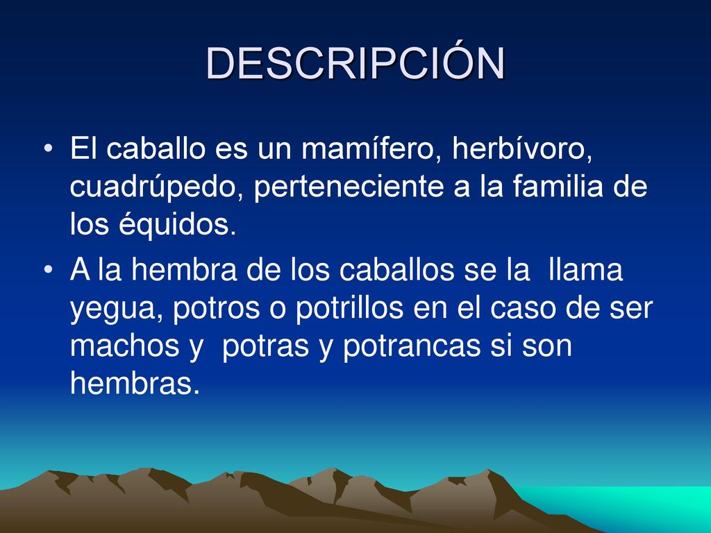 DESCRIPCIÓN El caballo es un mamífero, herbívoro, cuadrúpedo, perteneciente a la familia de los équidos.