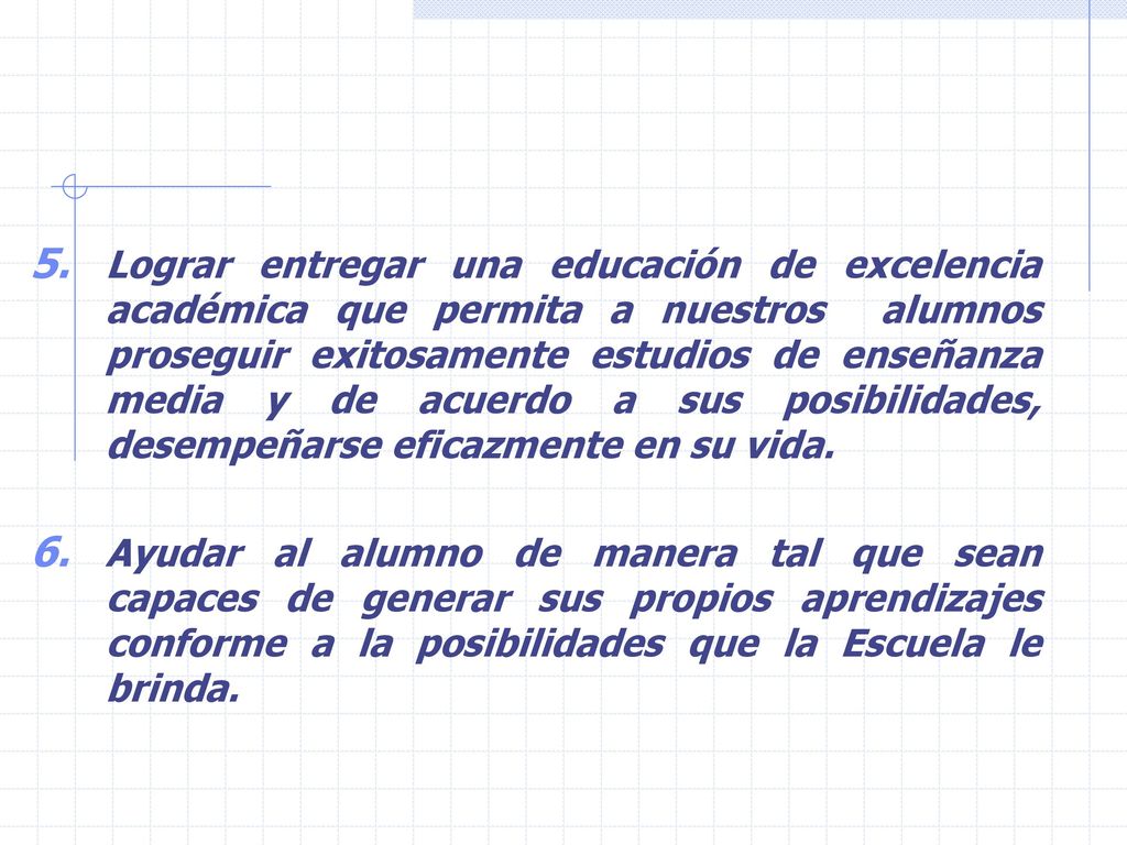 Lograr entregar una educación de excelencia académica que permita a nuestros alumnos proseguir exitosamente estudios de enseñanza media y de acuerdo a sus posibilidades, desempeñarse eficazmente en su vida.