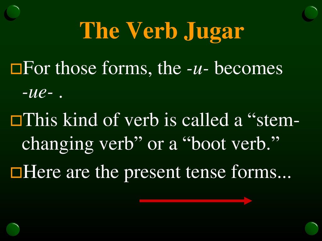 The Verb Jugar For those forms, the -u- becomes -ue- .