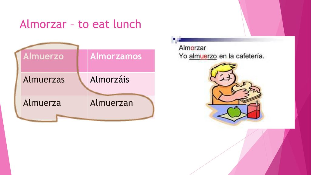 Almorzar – to eat lunch Almuerzo Almorzamos Almuerzas Almorzáis