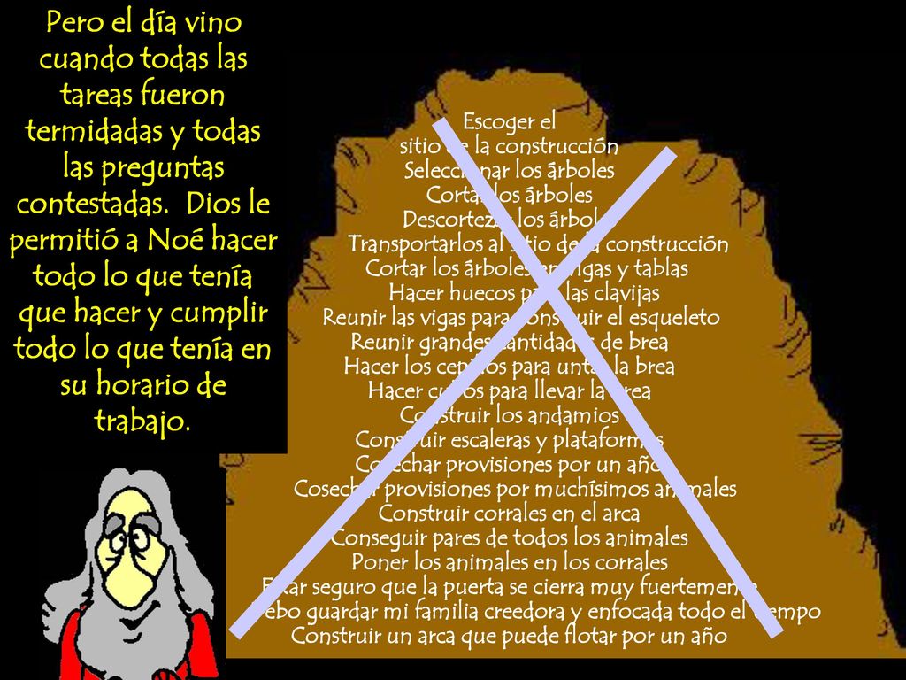 Pero el día vino cuando todas las tareas fueron termidadas y todas las preguntas contestadas. Dios le permitió a Noé hacer todo lo que tenía que hacer y cumplir todo lo que tenía en su horario de trabajo.