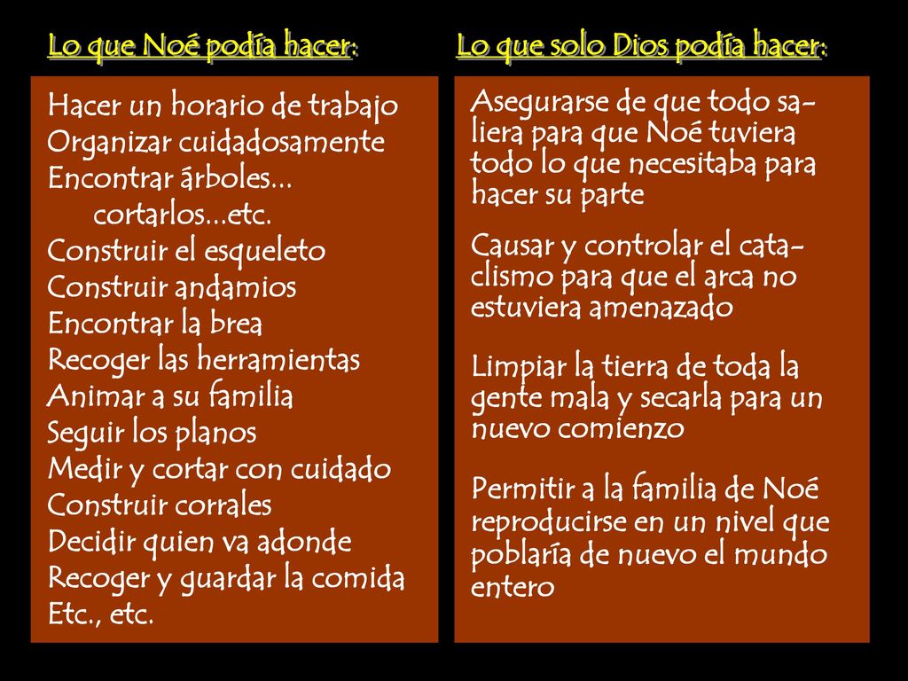 Lo que Noé podía hacer: Lo que solo Dios podía hacer: Hacer un horario de trabajo. Organizar cuidadosamente.