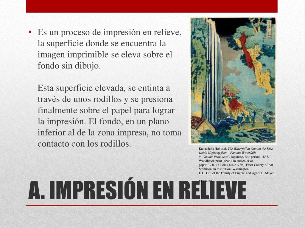 Es un proceso de impresión en relieve, la superficie donde se encuentra la imagen imprimible se eleva sobre el fondo sin dibujo. Esta superficie elevada, se entinta a través de unos rodillos y se presiona finalmente sobre el papel para lograr la impresión. El fondo, en un plano inferior al de la zona impresa, no toma contacto con los rodillos.