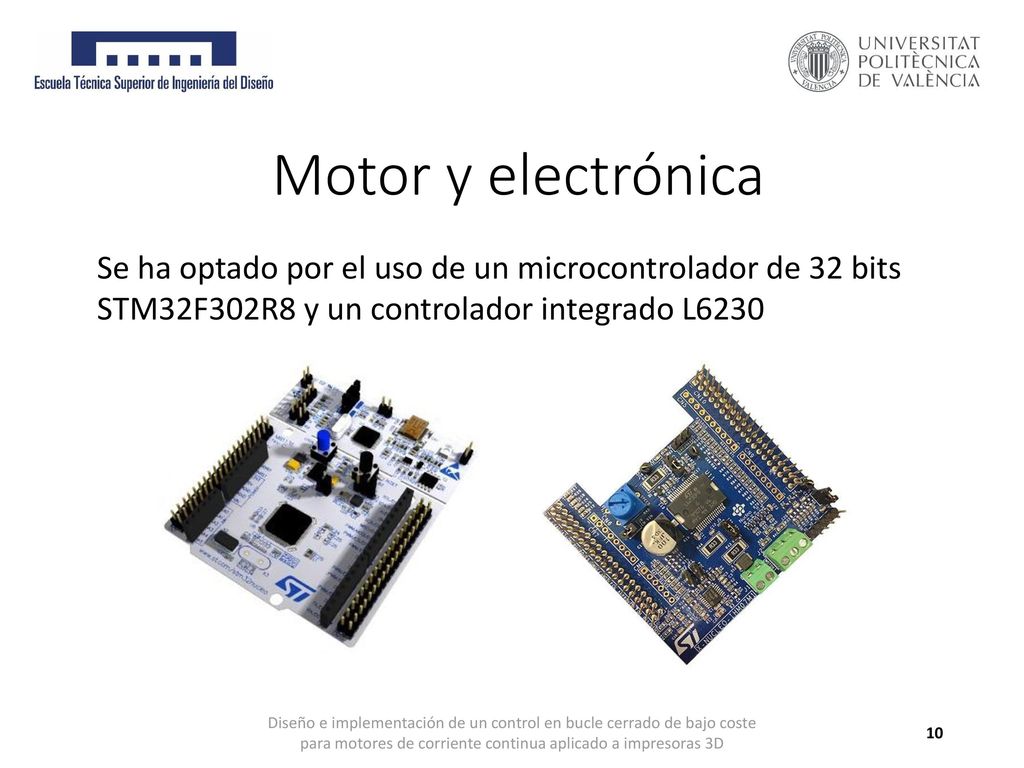 Motor y electrónica Se ha optado por el uso de un microcontrolador de 32 bits STM32F302R8 y un controlador integrado L6230.