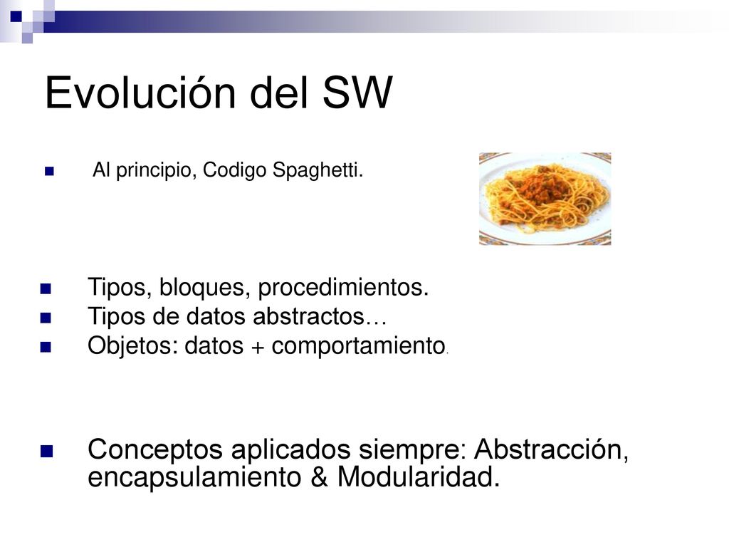 Evolución del SW Al principio, Codigo Spaghetti. Tipos, bloques, procedimientos. Tipos de datos abstractos…