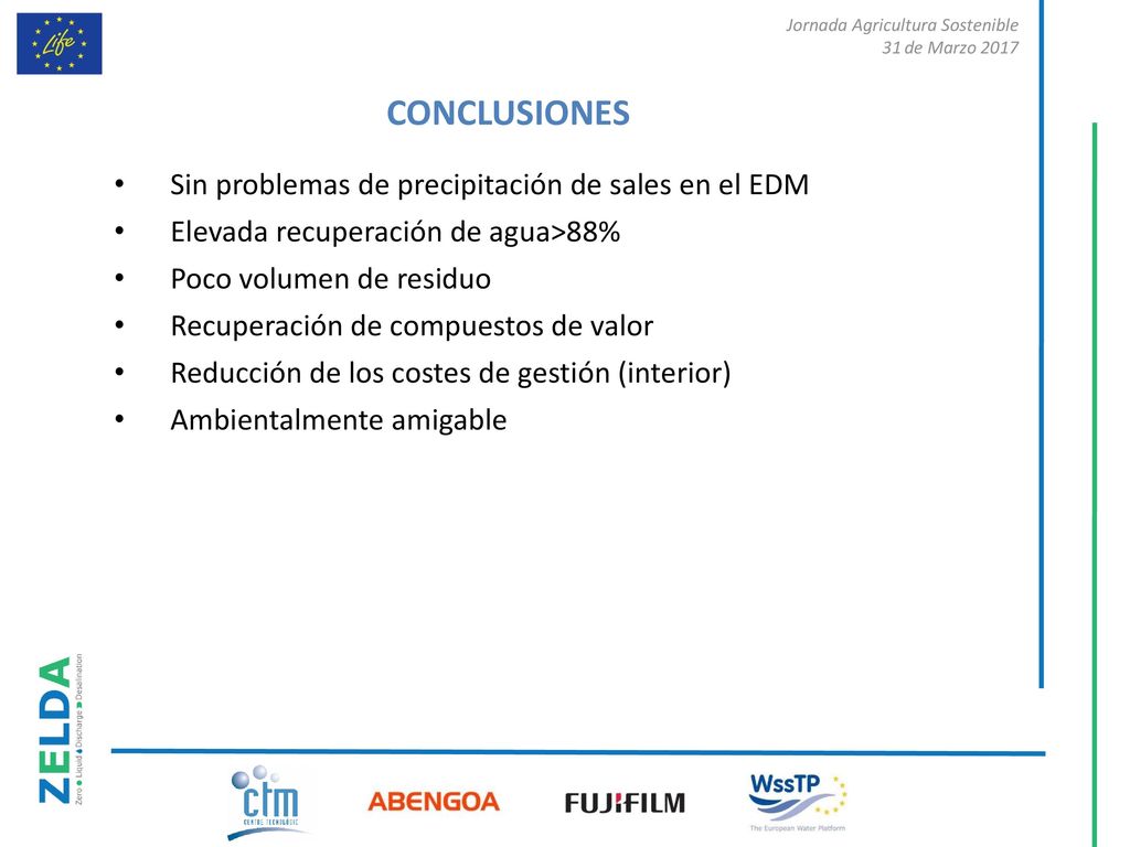 CONCLUSIONES Sin problemas de precipitación de sales en el EDM
