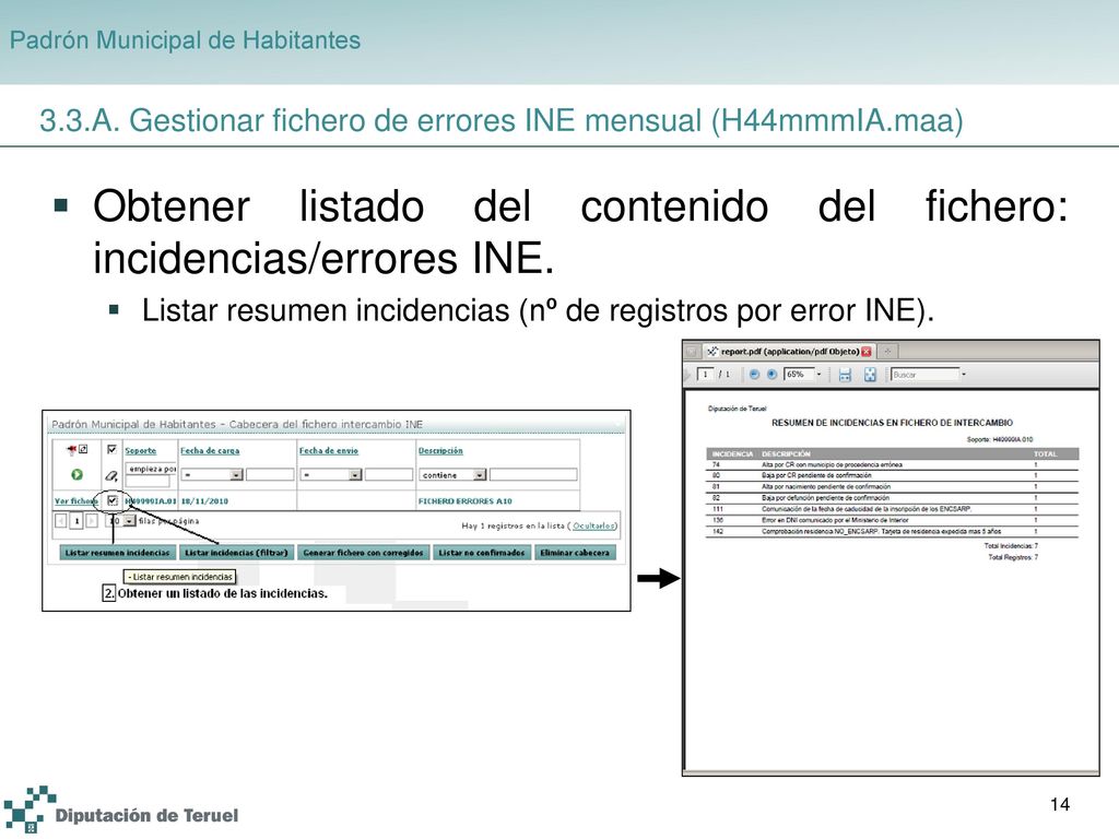 Obtener listado del contenido del fichero: incidencias/errores INE.