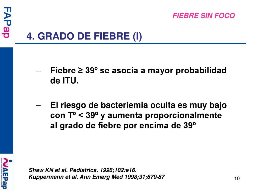 FIEBRE SIN FOCO 4. GRADO DE FIEBRE (I) Fiebre ≥ 39º se asocia a mayor probabilidad de ITU.