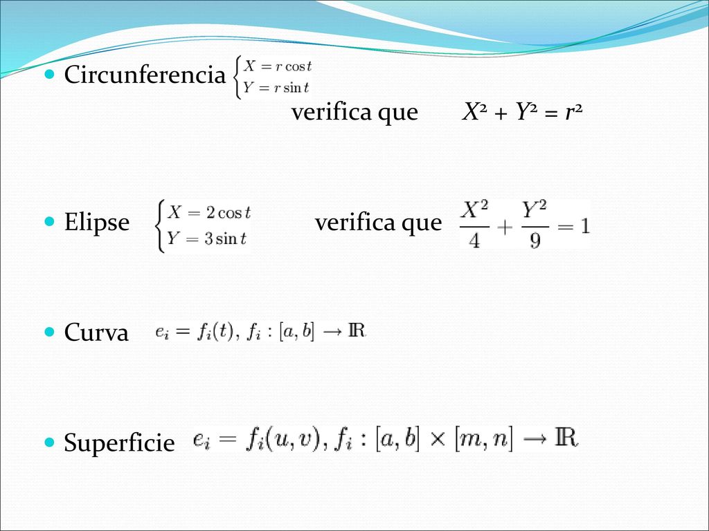 Circunferencia verifica que X2 + Y2 = r2. Elipse verifica que. Curva.