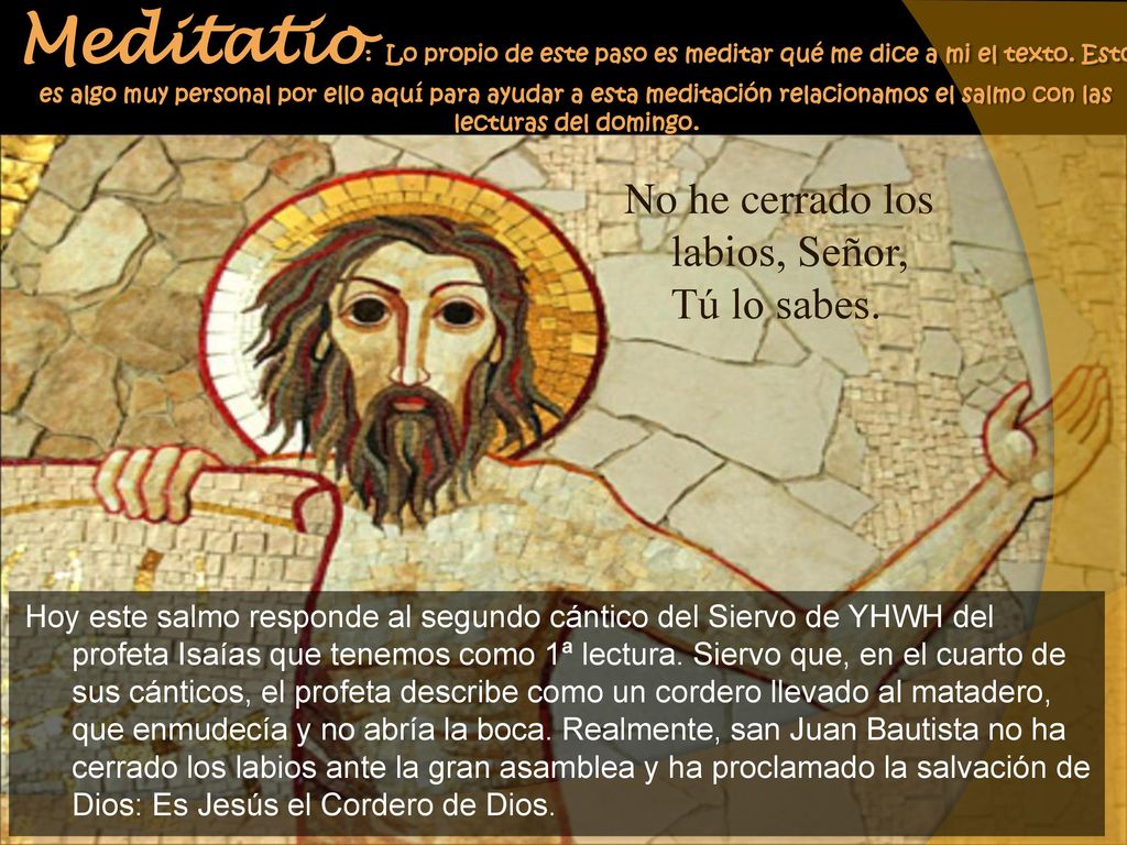 Meditatio: Lo propio de este paso es meditar qué me dice a mi el texto