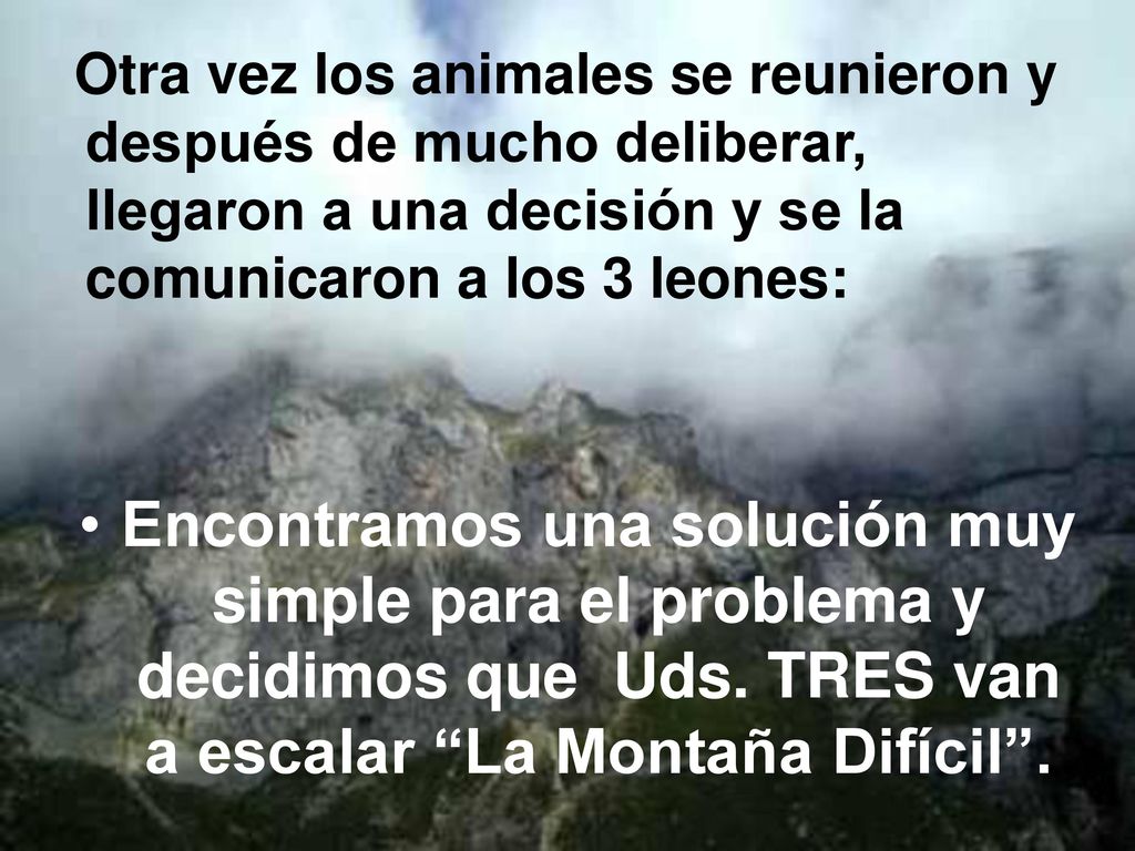Otra vez los animales se reunieron y después de mucho deliberar, llegaron a una decisión y se la comunicaron a los 3 leones:
