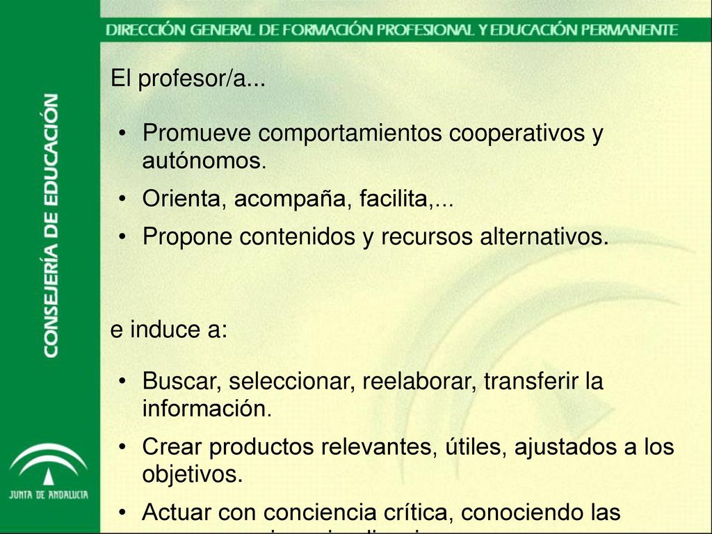 El profesor/a... Promueve comportamientos cooperativos y autónomos. Orienta, acompaña, facilita,...