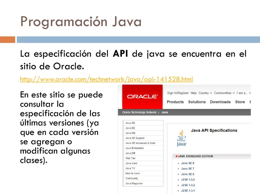 Programación Java La especificación del API de java se encuentra en el sitio de Oracle.