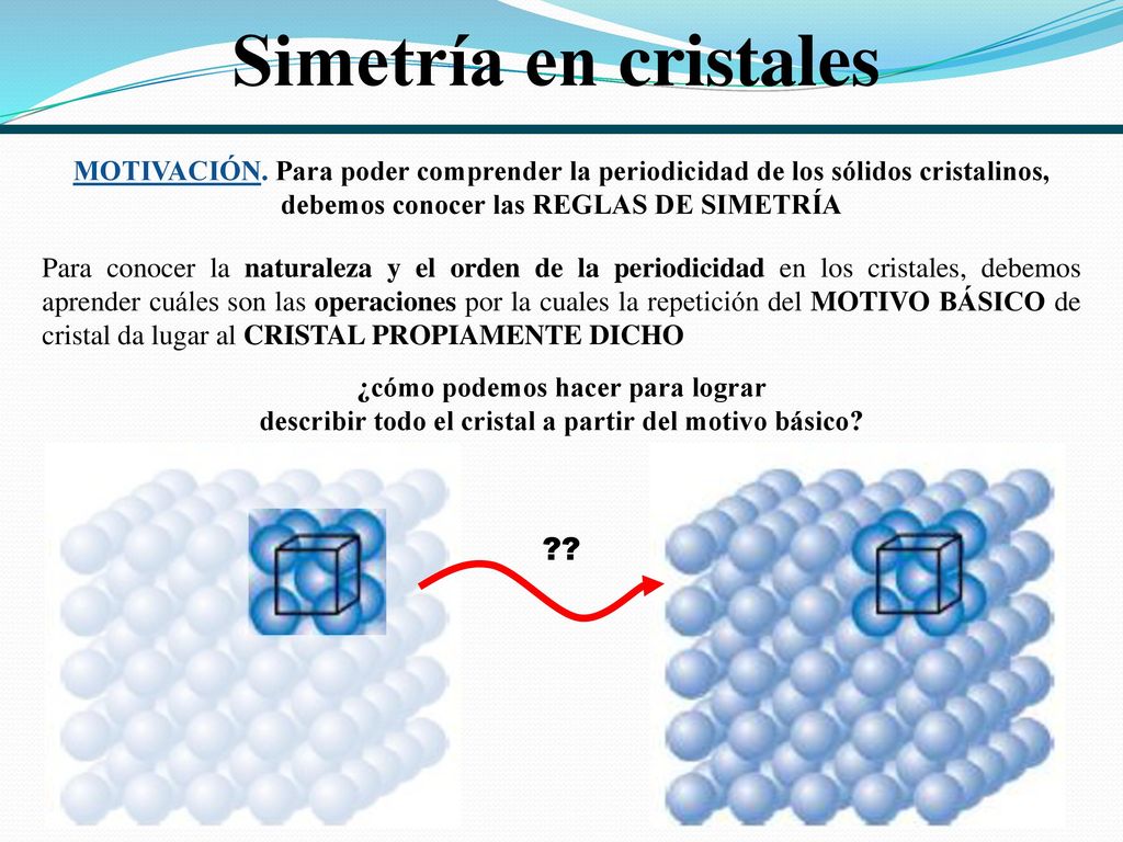 Simetría en cristales MOTIVACIÓN. Para poder comprender la periodicidad de los sólidos cristalinos, debemos conocer las REGLAS DE SIMETRÍA.