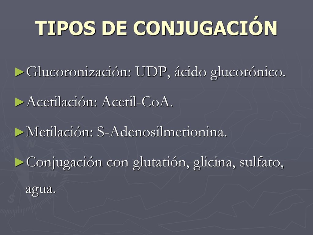 TIPOS DE CONJUGACIÓN Glucoronización: UDP, ácido glucorónico.