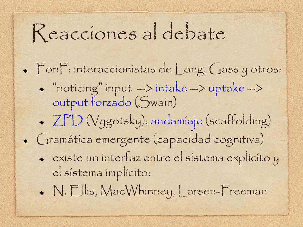 Reacciones al debate FonF; interaccionistas de Long, Gass y otros: