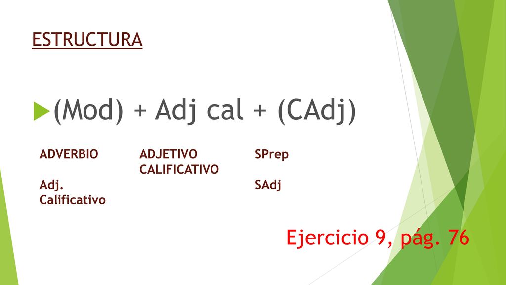 (Mod) + Adj cal + (CAdj) Ejercicio 9, pág. 76 ESTRUCTURA ADVERBIO