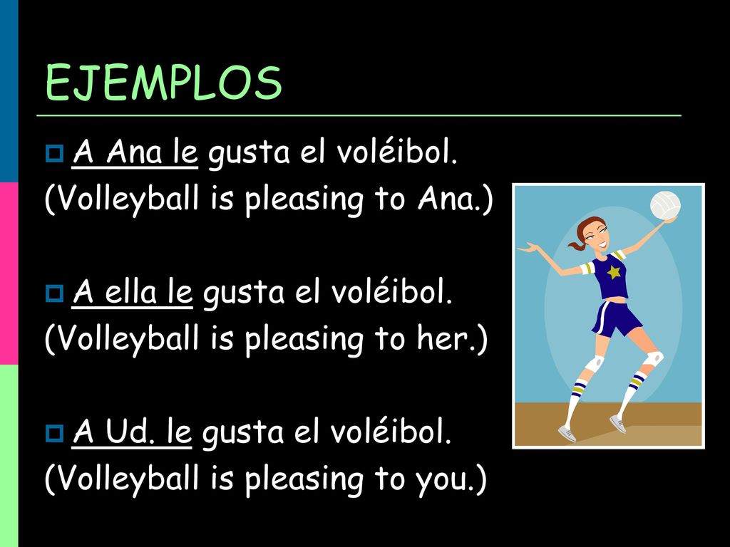 EJEMPLOS A Ana le gusta el voléibol. (Volleyball is pleasing to Ana.)