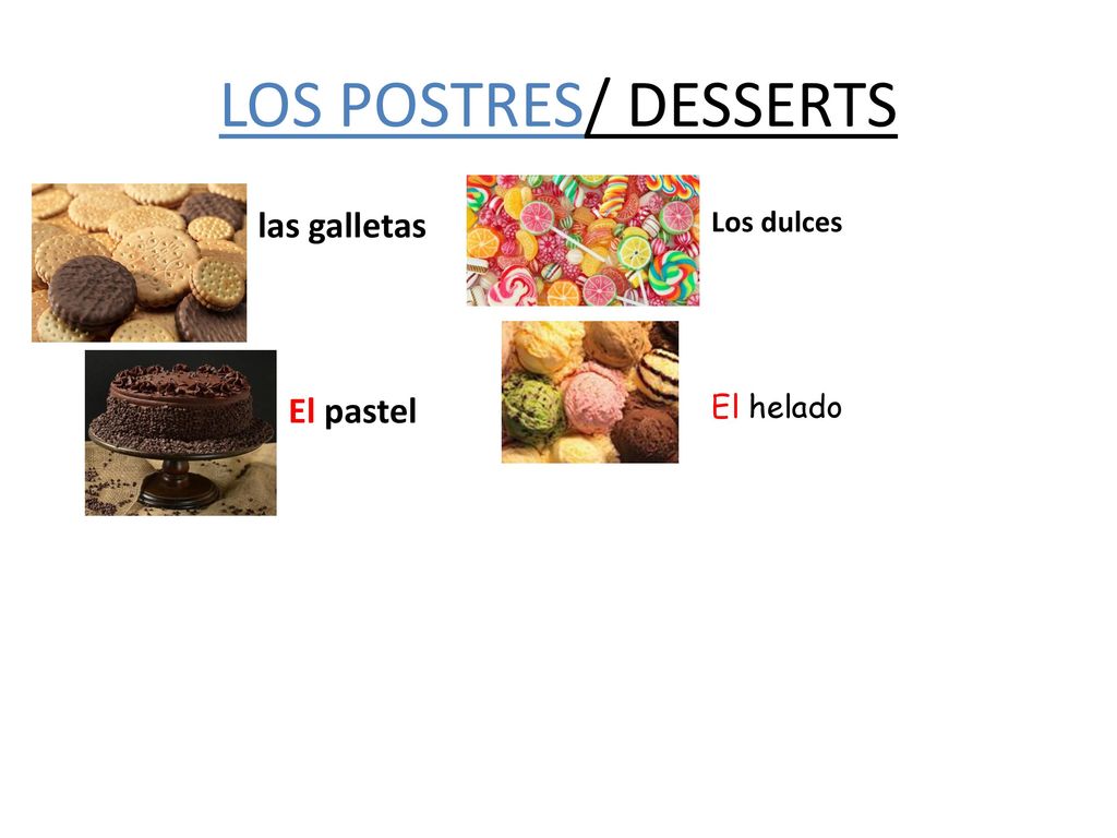 LOS POSTRES/ DESSERTS las galletas Los dulces El pastel El helado