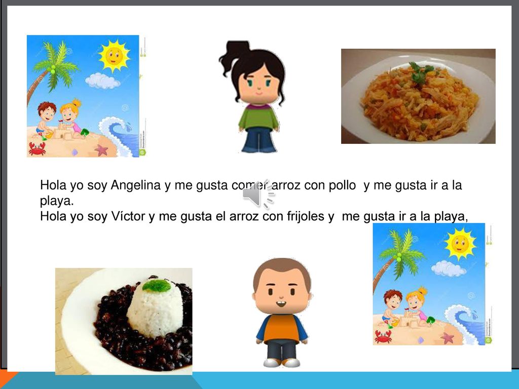 Hola yo soy Angelina y me gusta comer arroz con pollo y me gusta ir a la playa.