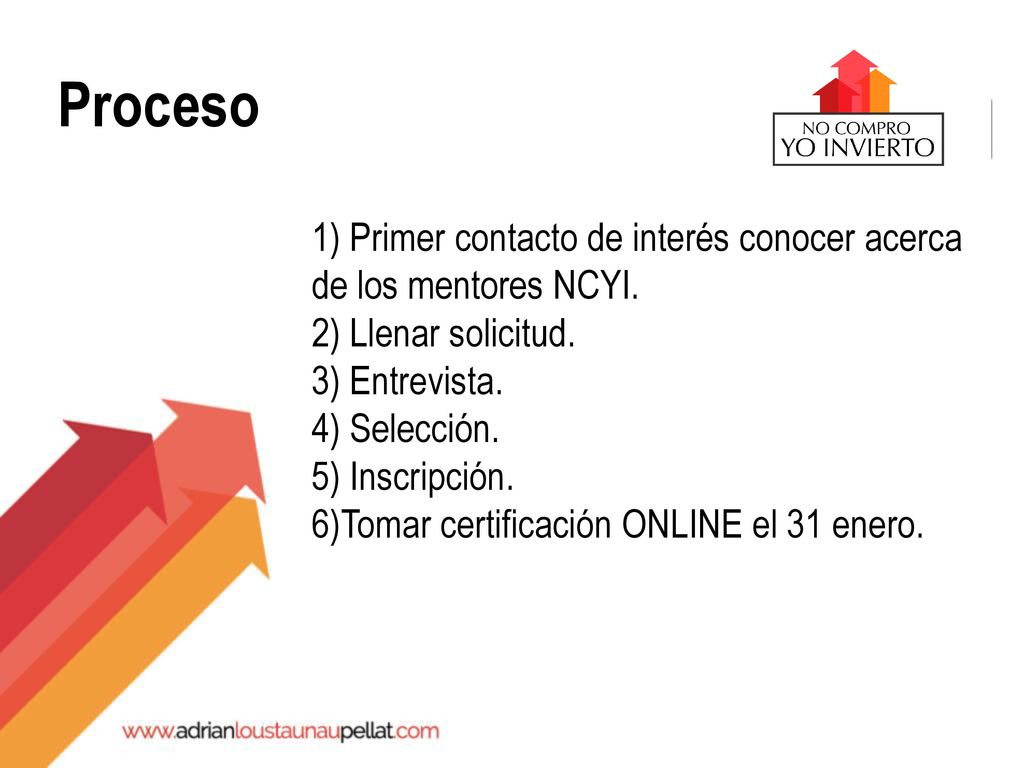Proceso 1) Primer contacto de interés conocer acerca de los mentores NCYI. 2) Llenar solicitud. 3) Entrevista.