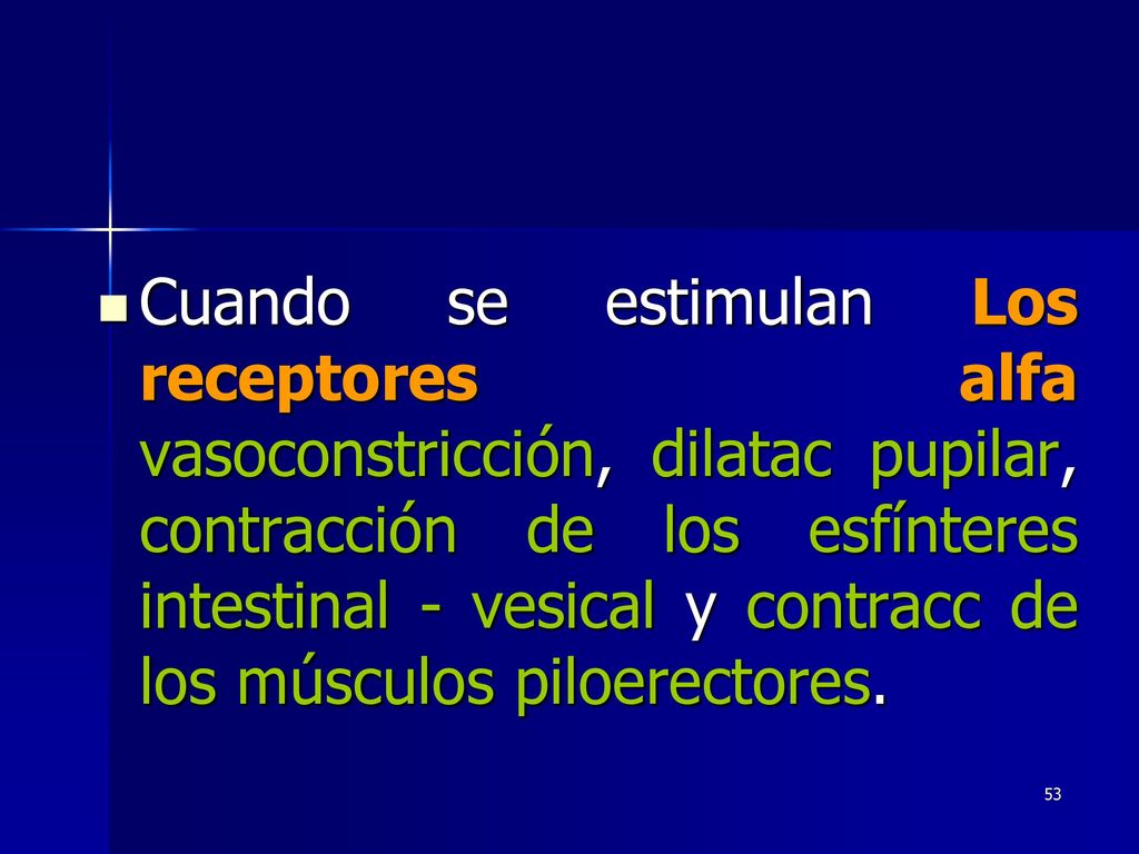 Cuando se estimulan Los receptores alfa vasoconstricción, dilatac pupilar, contracción de los esfínteres intestinal - vesical y contracc de los músculos piloerectores.