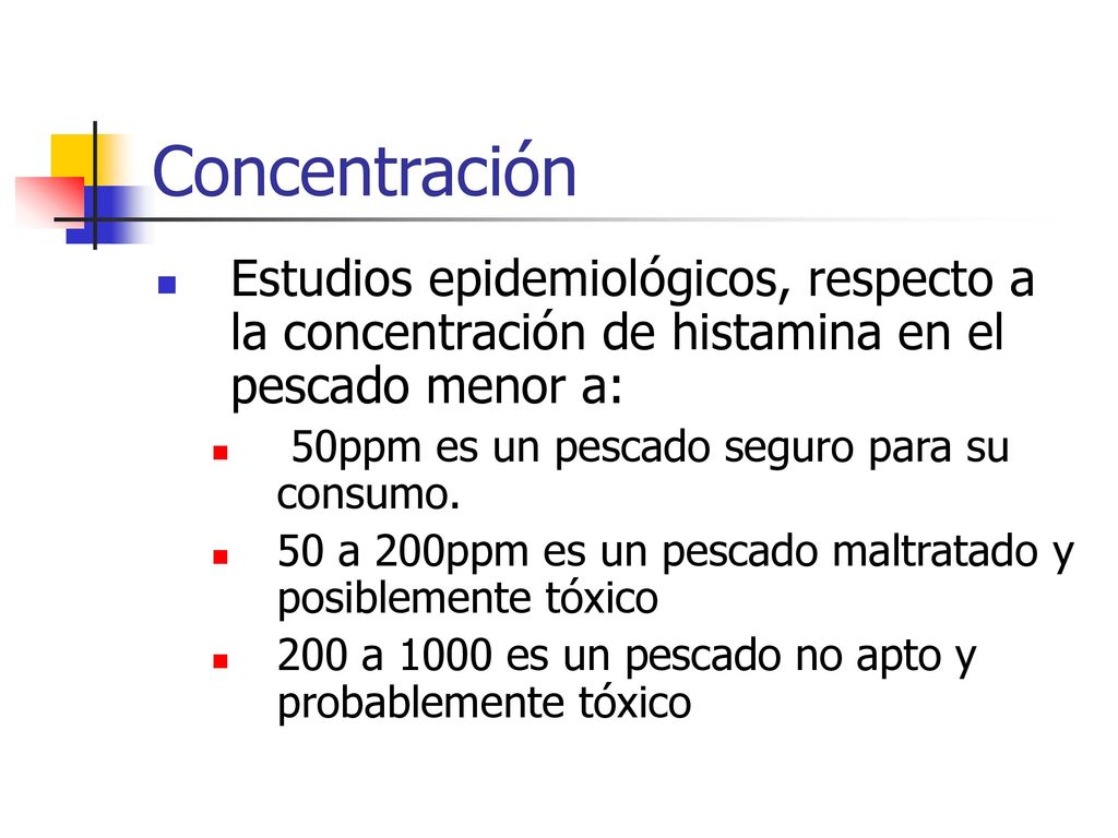 Concentración Estudios epidemiológicos, respecto a la concentración de histamina en el pescado menor a: