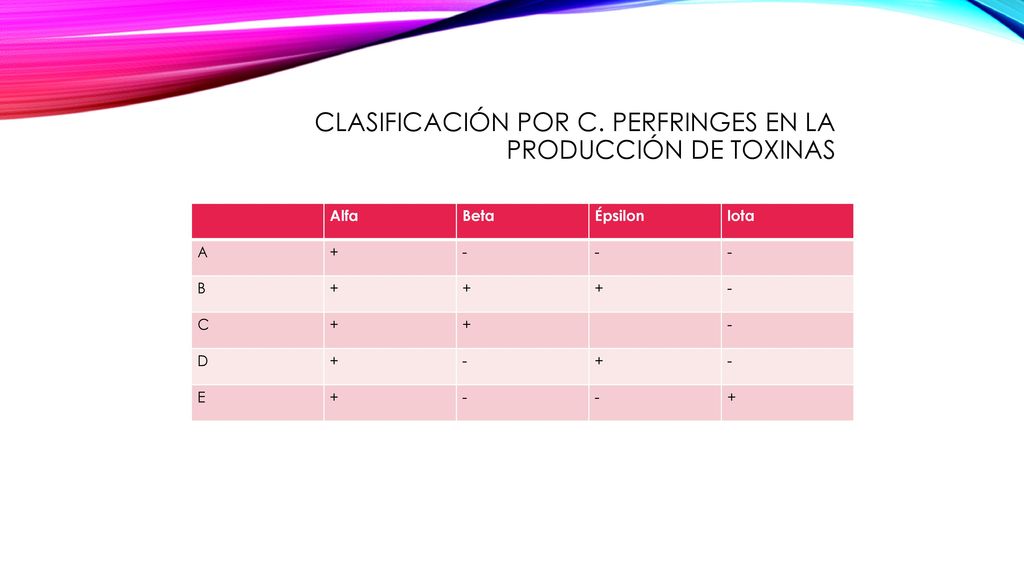 Clasificación por C. perfringes en la producción de toxinas