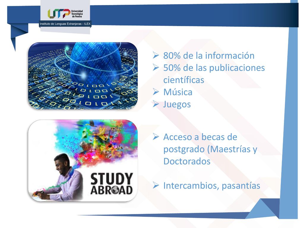 80% de la información 50% de las publicaciones científicas. Música. Juegos. Acceso a becas de postgrado (Maestrías y Doctorados.
