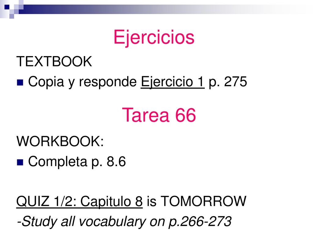 Ejercicios Tarea 66 TEXTBOOK Copia y responde Ejercicio 1 p. 275