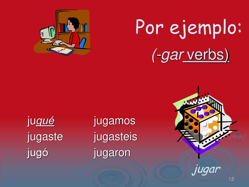 Por ejemplo: (-gar verbs) jugar jugué jugaste jugó jugamos jugasteis