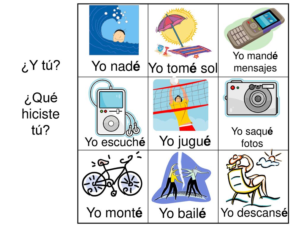 ¿Y tú Yo nadé Yo tomé sol ¿Qué hiciste tú Yo jugué Yo monté Yo bailé