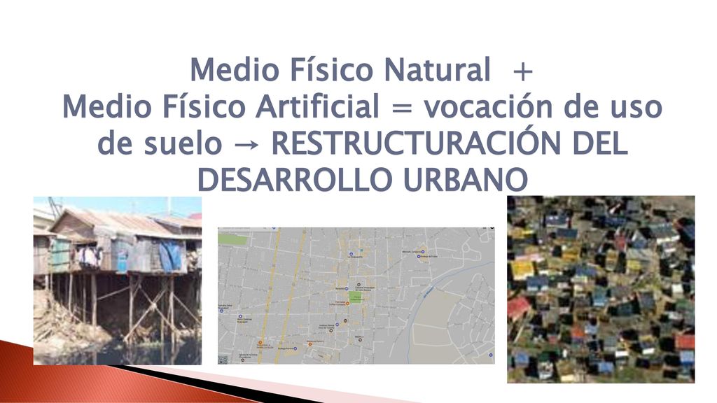 Medio Físico Natural + Medio Físico Artificial = vocación de uso de suelo → RESTRUCTURACIÓN DEL DESARROLLO URBANO.
